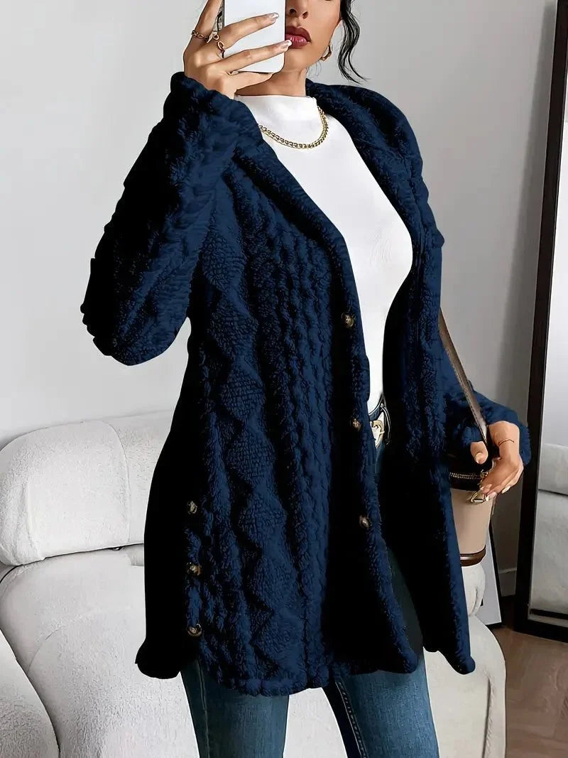 Women's oversized hooded cardigan with plush knit texture – Navy Blue