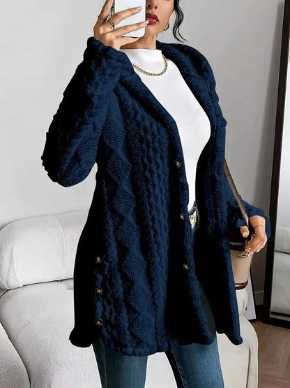 Women's oversized hooded cardigan with plush knit texture – Navy Blue