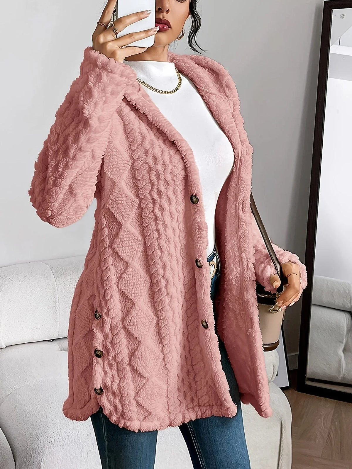 Women's oversized hooded cardigan with plush knit texture – Pink