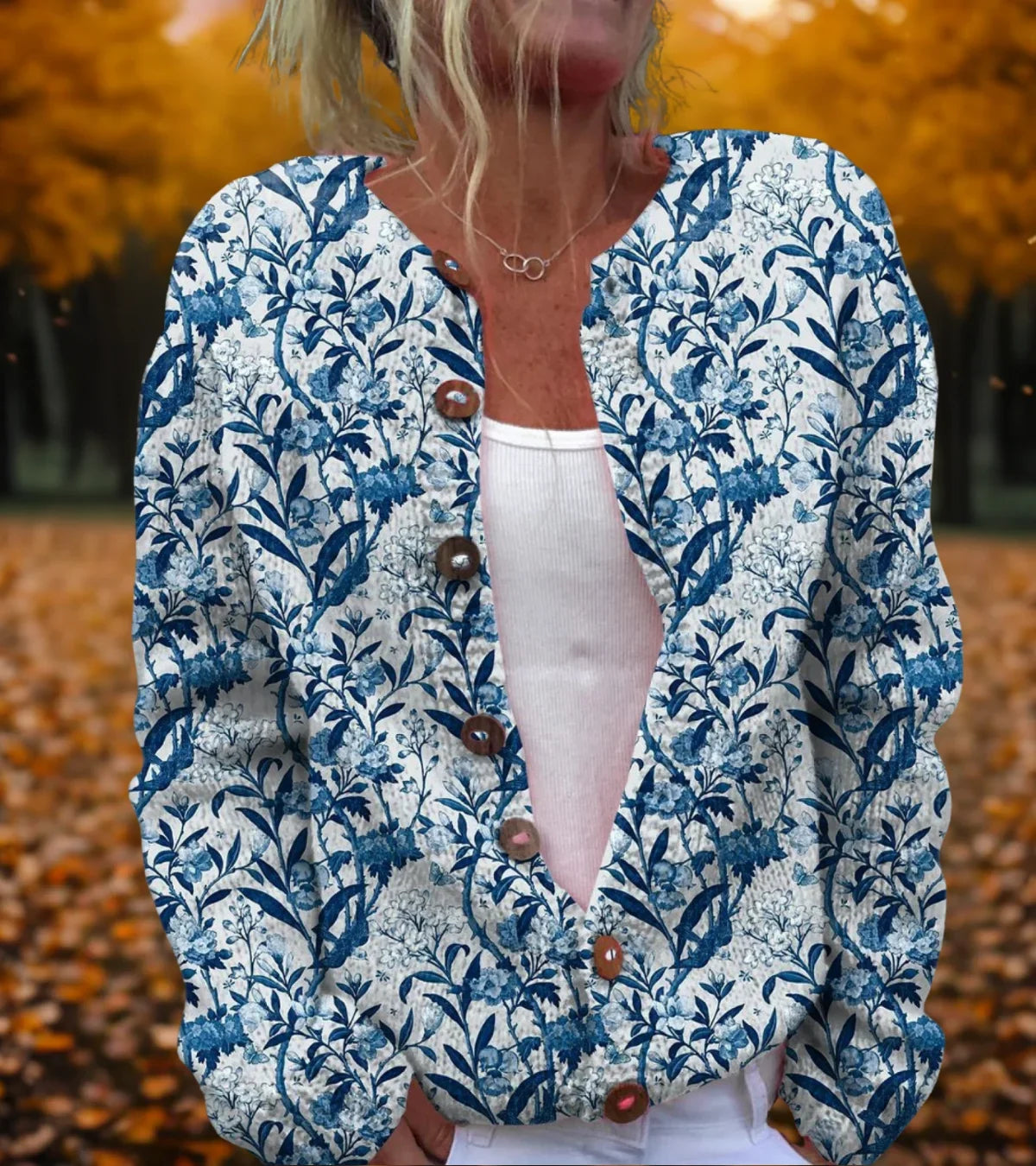 Women's floral print open-front knit cardigan set – BlueWhite