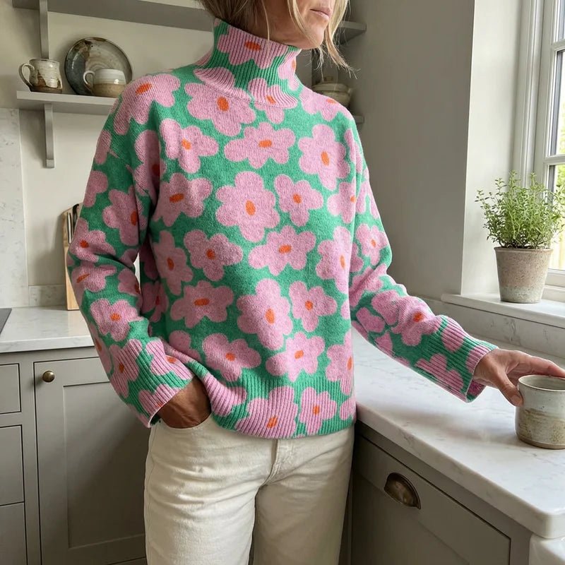 Women's floral roll-neck knit sweater with textured finish – Multicolor