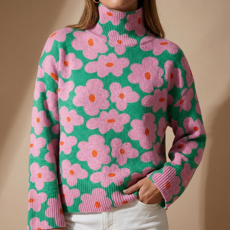 Women's floral roll-neck knit sweater with textured finish – Multicolor