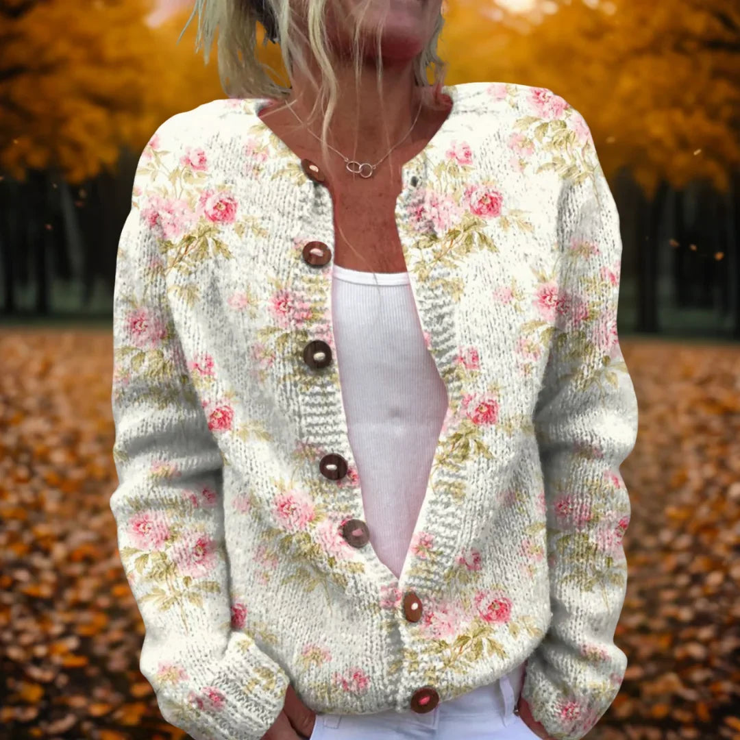 Women's relaxed knit cardigan with artistic flower print – Multicolour