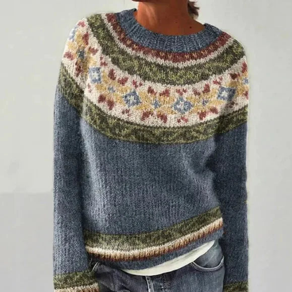Women's colorful Fair Isle pattern knit sweater with boat neck and long sleeves – Grey/Flowers