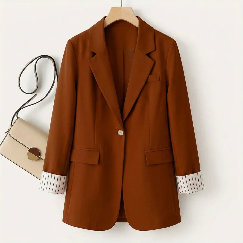 Women's tailored button-front blazer coat for the office – Rust Brown