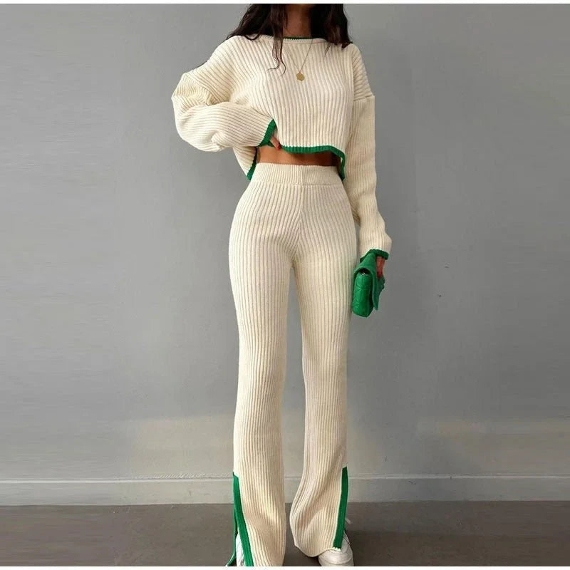 Women's ribbed knit two-piece set with a cropped knit sweater and wide-leg slit trousers – Beige/Green