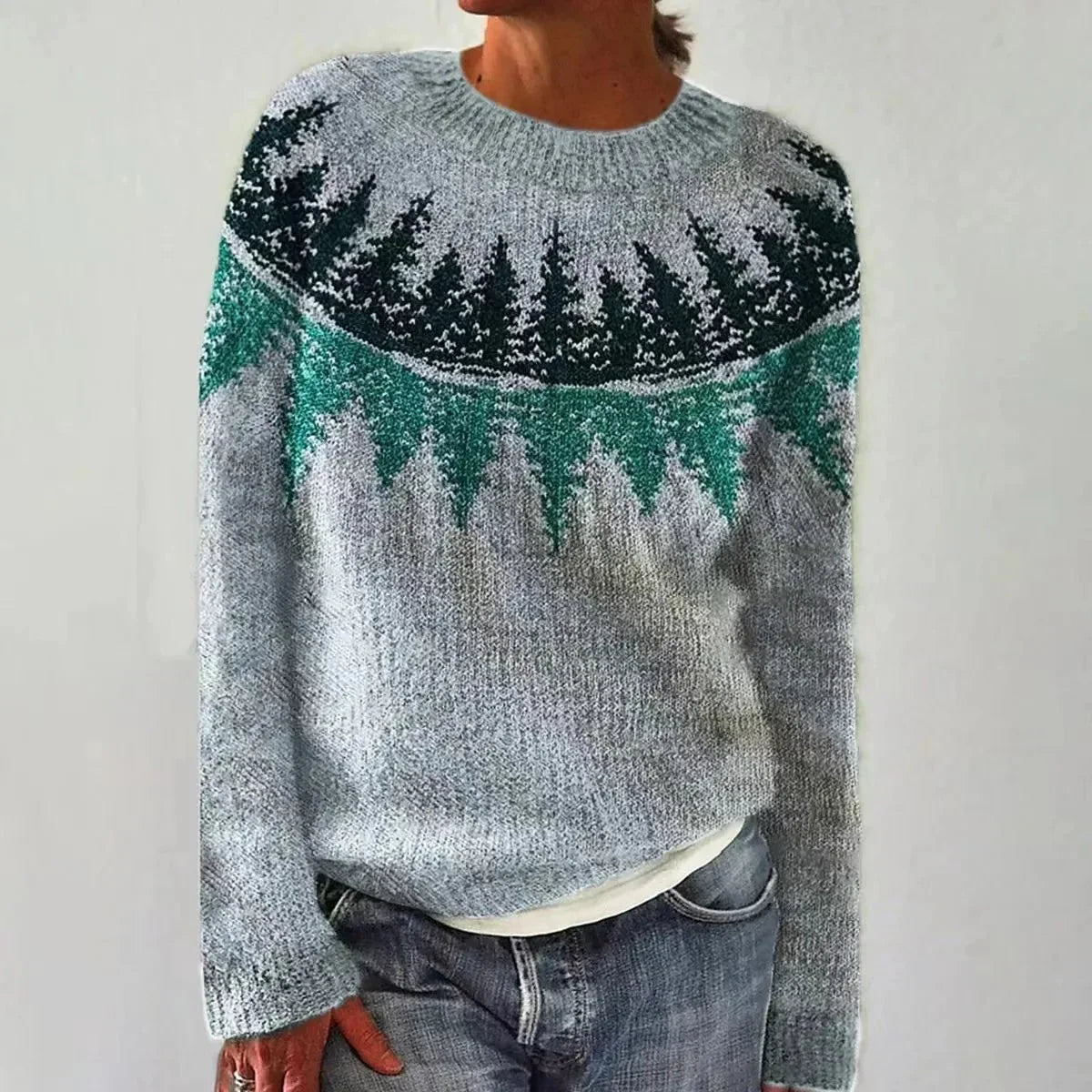 Women's colorful Fair Isle pattern knit sweater with boat neck and long sleeves – Blue/Green