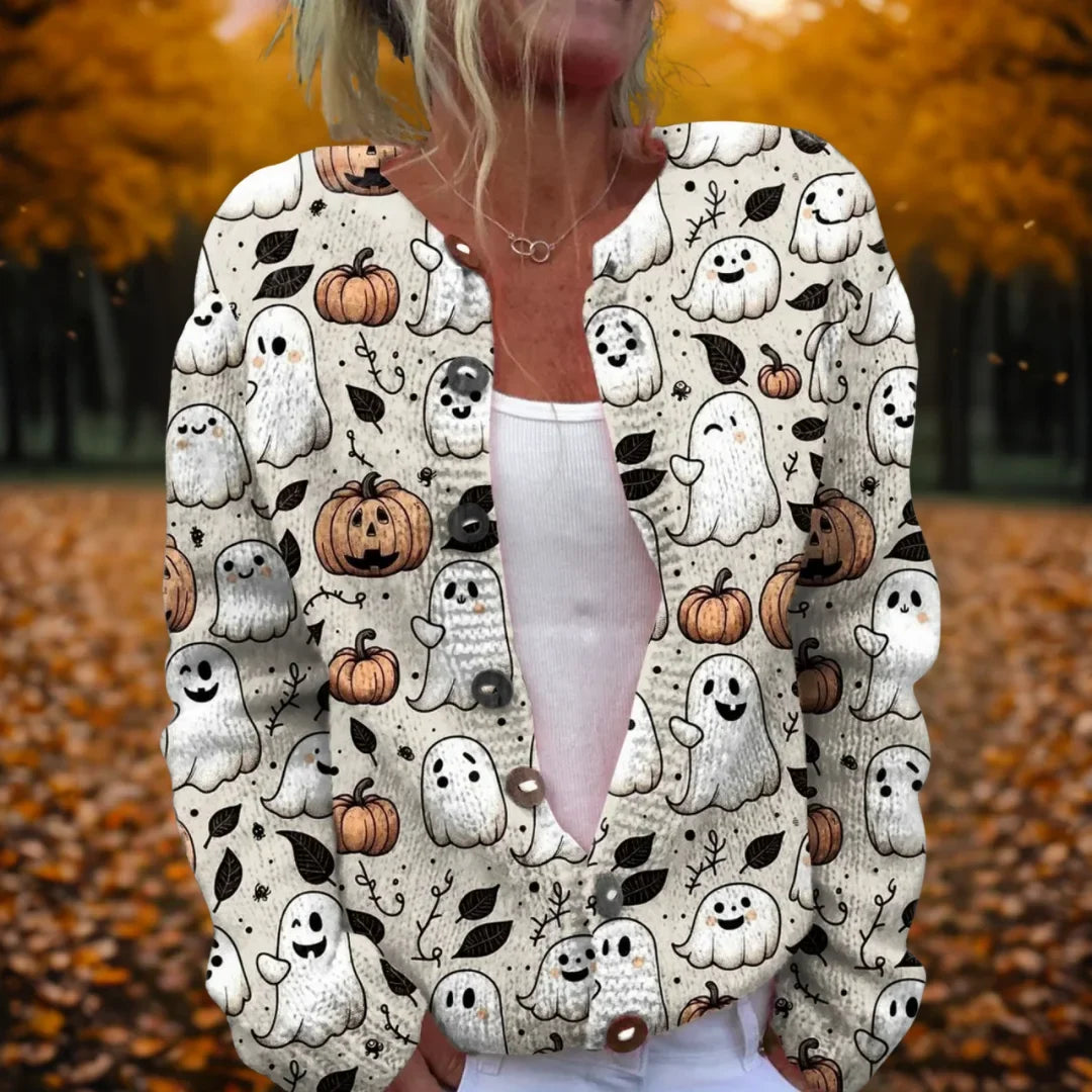 Women's knit button-front V-neck cardigan with halloween print – MultiColour