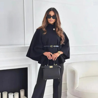 Women's high-neck buttoned cape with tailored silhouette – Black