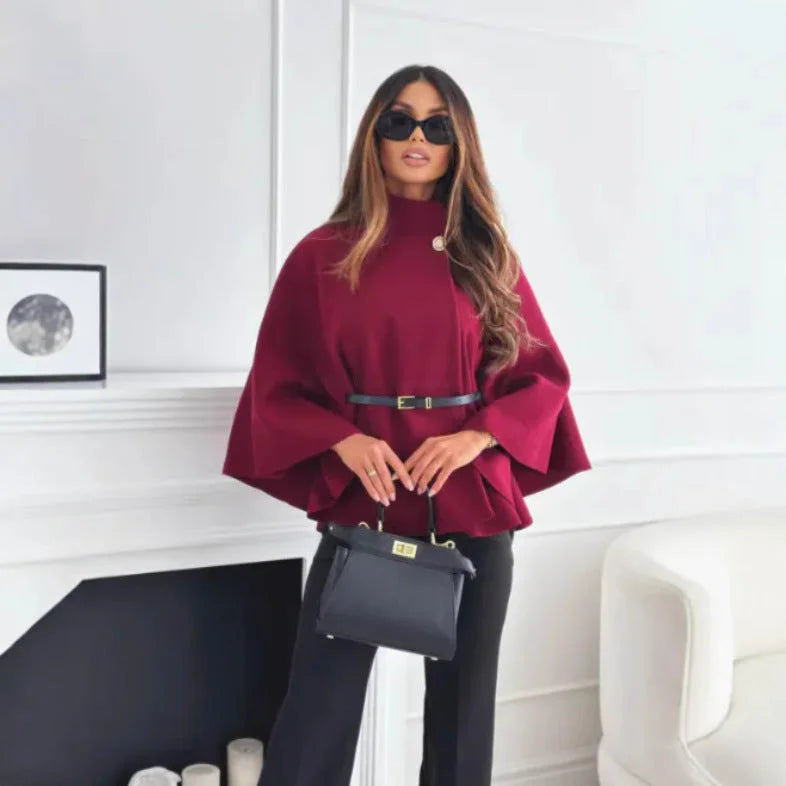 Women's high-neck buttoned cape with tailored silhouette – Claret