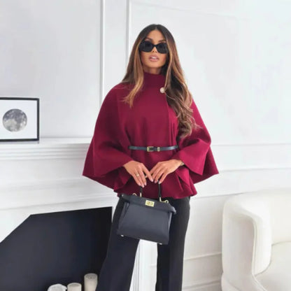 Women's high-neck buttoned cape with tailored silhouette – Claret