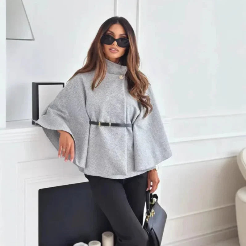 Women's high-neck buttoned cape with tailored silhouette – Grey