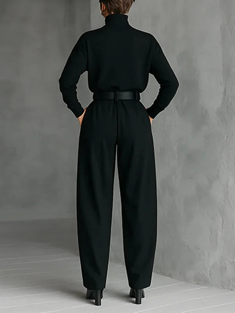 Women's high-neck wide-leg jumpsuit with belted waist