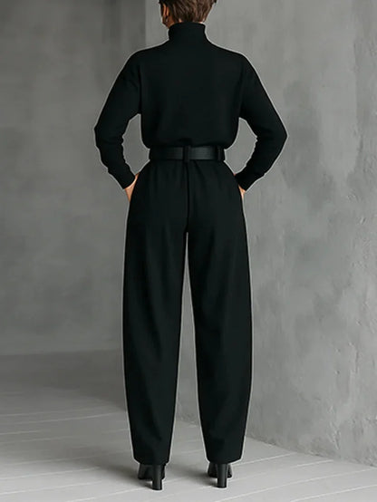 Women's high-neck wide-leg jumpsuit with belted waist