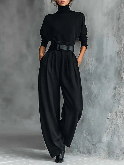 Women's high-neck wide-leg jumpsuit with belted waist – Black