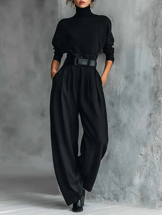 Women's high-neck wide-leg jumpsuit with belted waist – Black