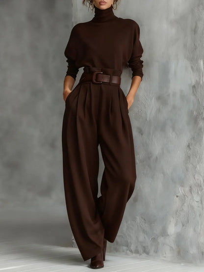 Women's high-neck wide-leg jumpsuit with belted waist – Brown
