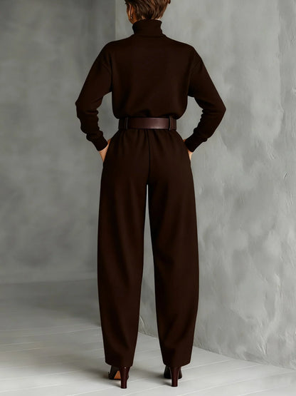 Women's high-neck wide-leg jumpsuit with belted waist