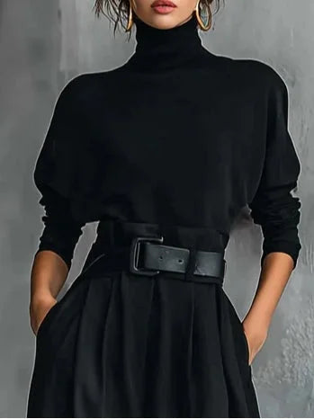 Women's high-neck wide-leg jumpsuit with belted waist