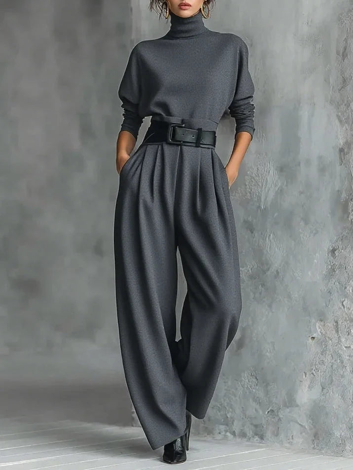 Women's high-neck wide-leg jumpsuit with belted waist – Gray