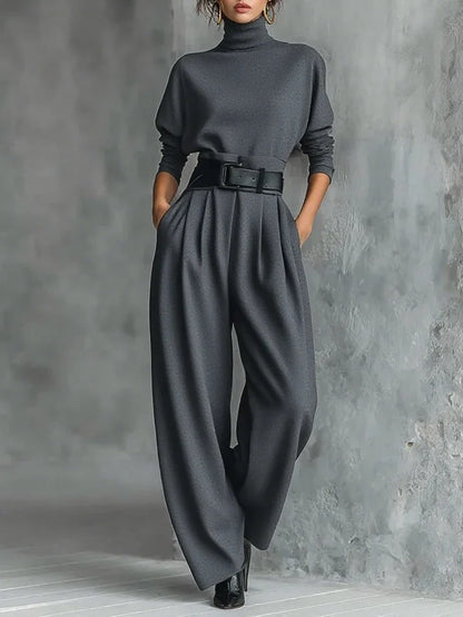 Women's high-neck wide-leg jumpsuit with belted waist – Gray