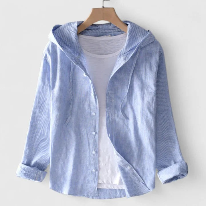 Women's hooded button-down shirt with three-quarter sleeves