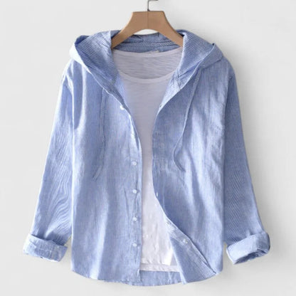 Women's hooded button-down shirt with three-quarter sleeves