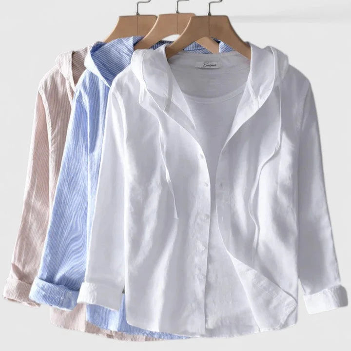 Women's hooded button-down shirt with three-quarter sleeves