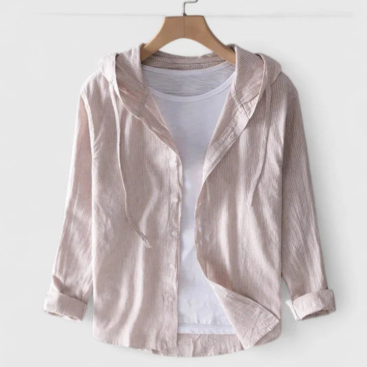 Women's hooded button-down shirt with three-quarter sleeves – Beige