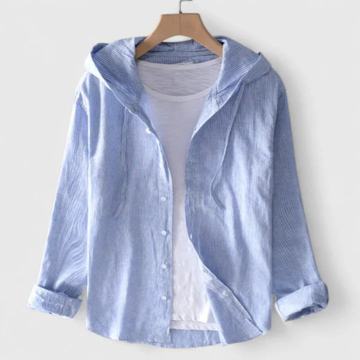 Women's hooded button-down shirt with three-quarter sleeves – Blue