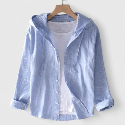 Women's hooded button-down shirt with three-quarter sleeves – Blue