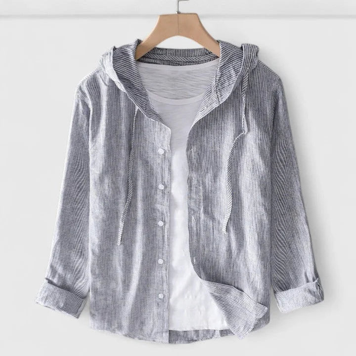 Women's hooded button-down shirt with three-quarter sleeves – Gray