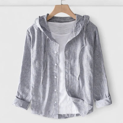Women's hooded button-down shirt with three-quarter sleeves – Gray