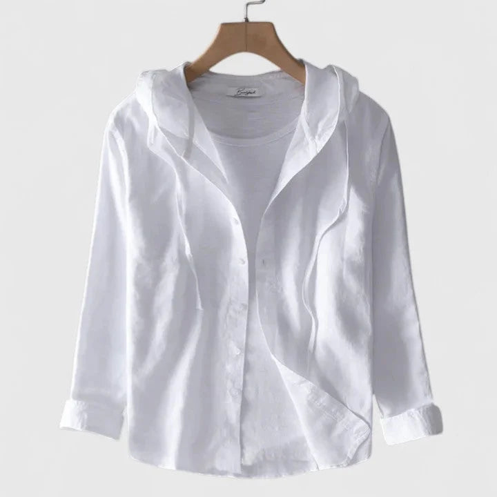 Women's hooded button-down shirt with three-quarter sleeves – White