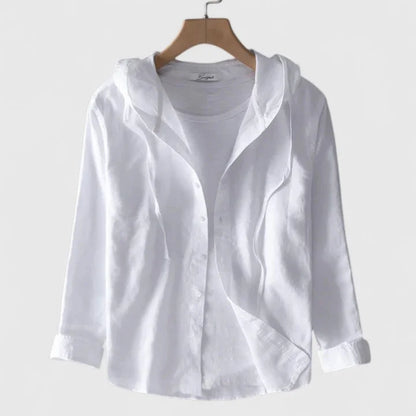 Women's hooded button-down shirt with three-quarter sleeves – White