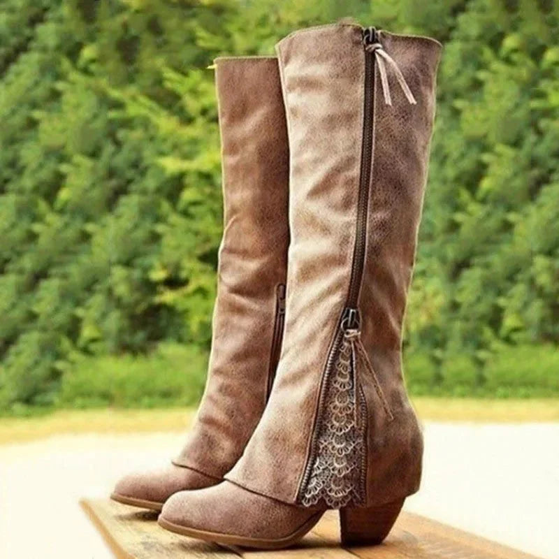 Women's knee-high boots with lace-inspired detailing – Brown