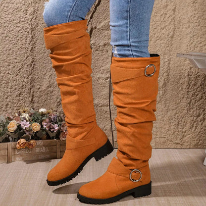 Women's slouchy knee-high boots with buckle detail – Orange