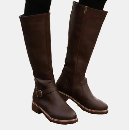 Women's knee-high riding boots with buckle strap detail