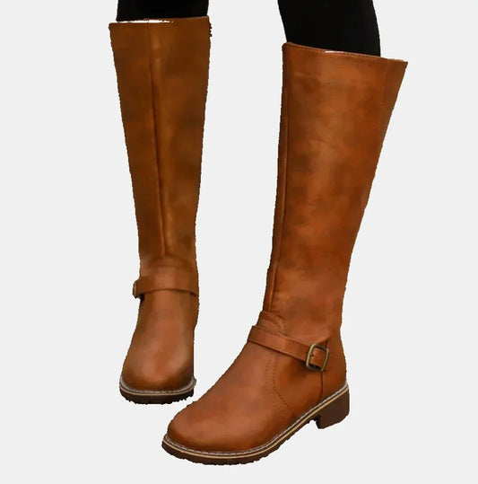 Women's knee-high riding boots with buckle strap detail