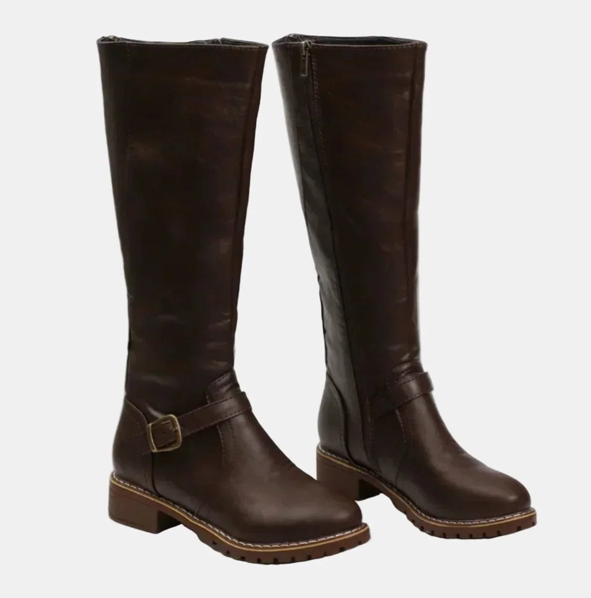 Women's knee-high riding boots with buckle strap detail