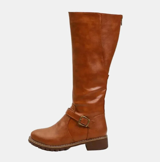 Women's knee-high riding boots with buckle strap detail