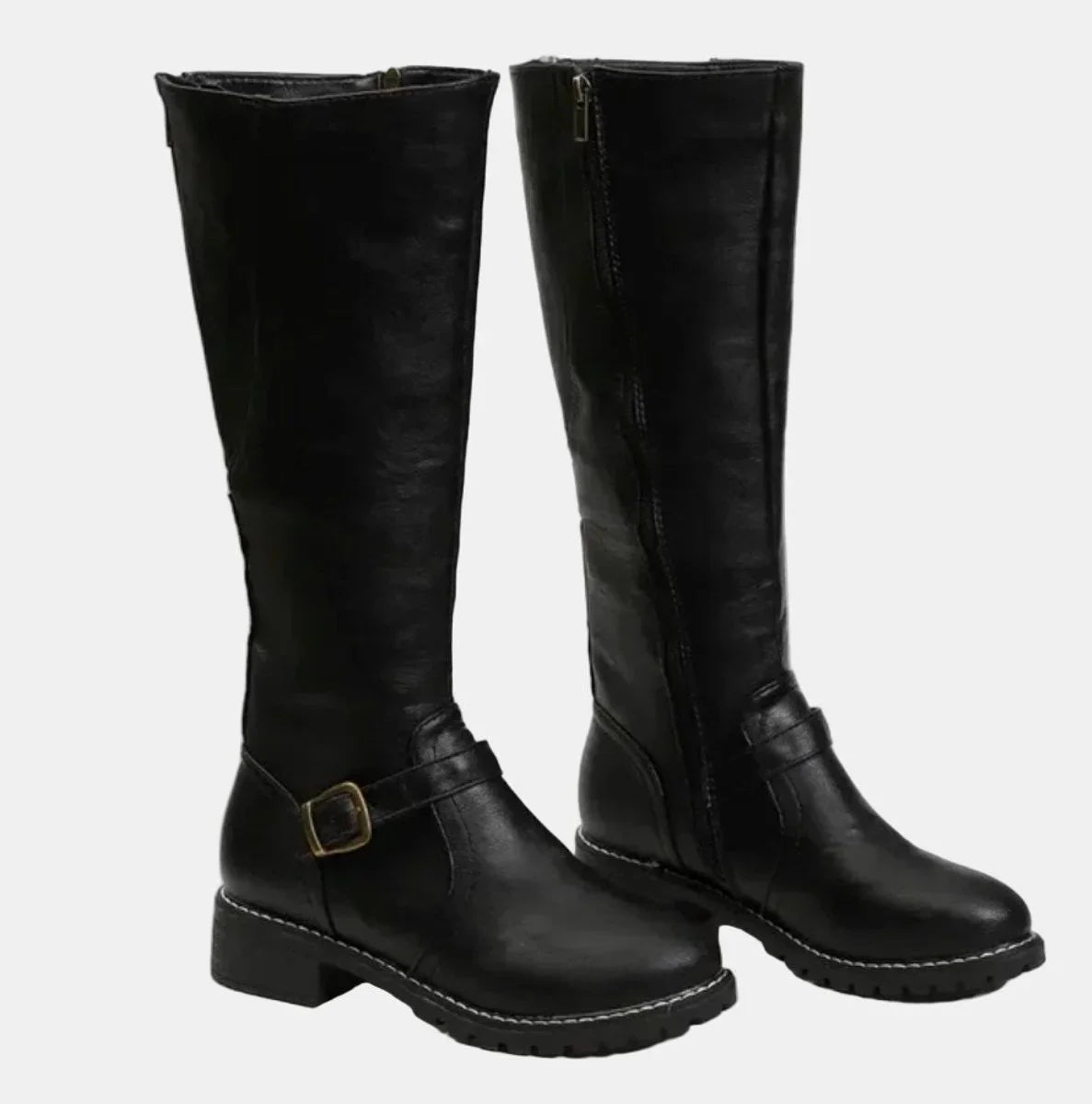 Women's knee-high riding boots with buckle strap detail – Black