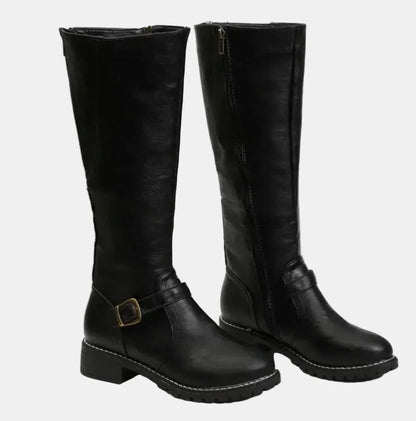 Women's knee-high riding boots with buckle strap detail – Black