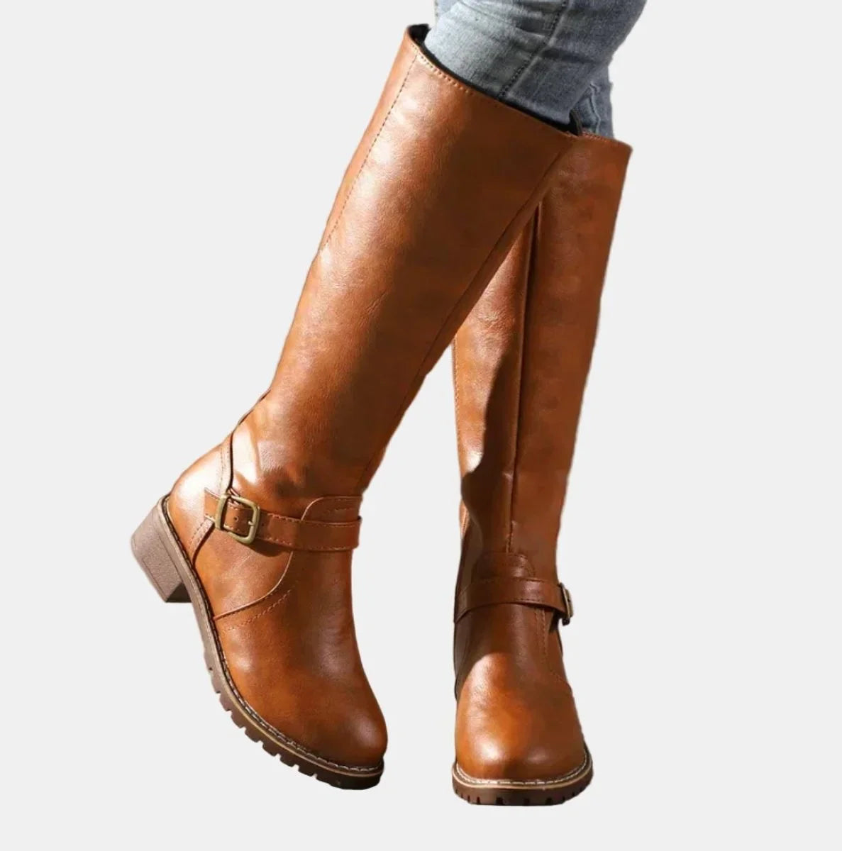 Women's knee-high riding boots with buckle strap detail – Brown