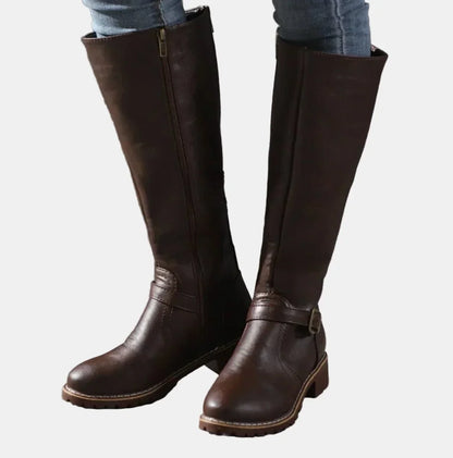 Women's knee-high riding boots with buckle strap detail – Dark Brown