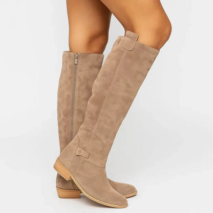 Women's suede knee-high boots with block heel and side zip – Beige