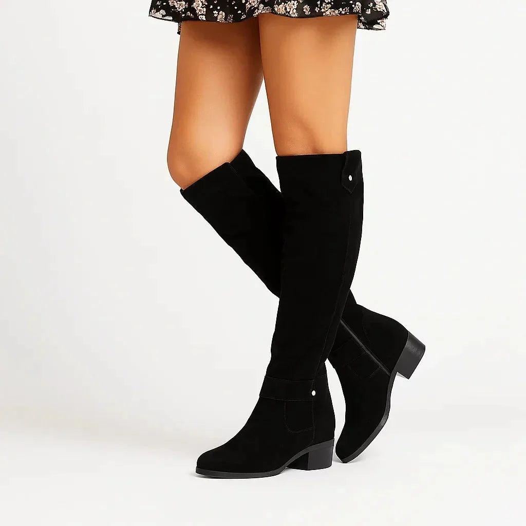Women's suede knee-high boots with block heel and side zip – Black