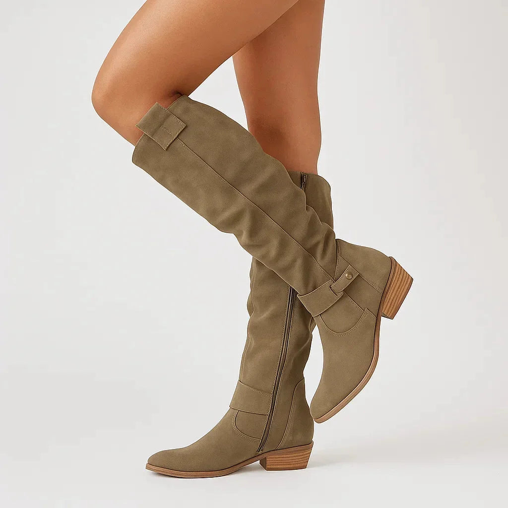 Women's suede knee-high boots with block heel and side zip – Dark Green