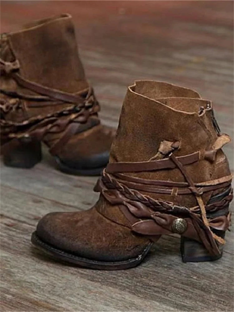 Women's suede ankle boots with braided rope detailing – brown