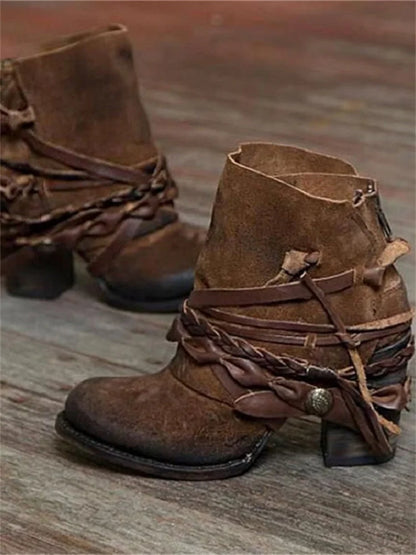 Women's suede ankle boots with braided rope detailing – brown